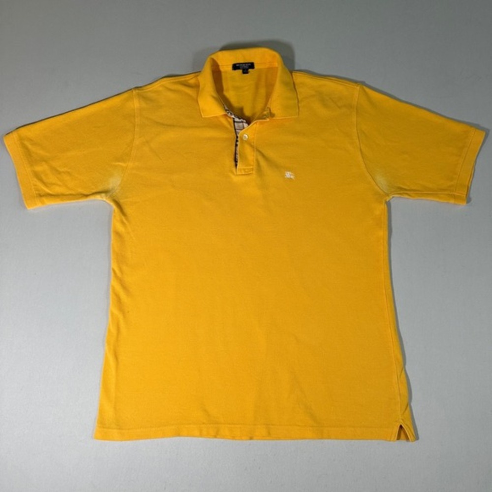 Burberry Polo Shirt Mens Medium Yellow Cotton‎ Tartan Plaid Trim Short Sleeve
